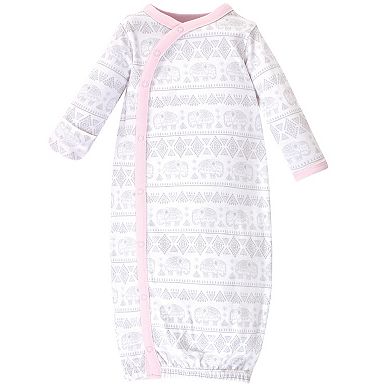 Touched by Nature Baby Girl Organic Cotton Side-Closure Snap Long-Sleeve Gowns 3pk, Pink Gray Elephant, Preemie