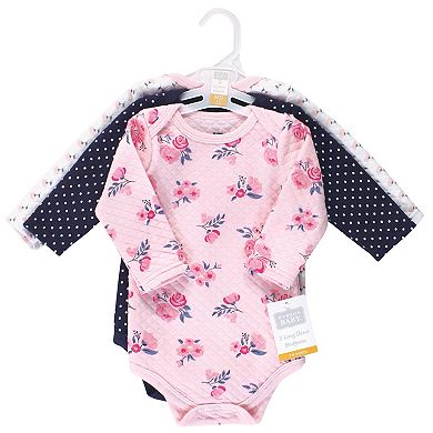 Hudson Baby Infant Girl Quilted Long-Sleeve Cotton Bodysuits 3pk, Pink Navy Floral