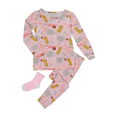 Sleep On It Infant/Toddler Girls Animal Zoo Snug Fit 2-Piece Pajama Sleep Set With Matching Socks
