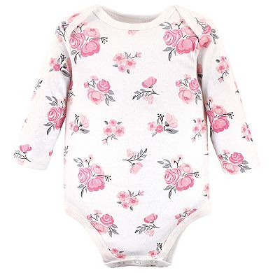 Hudson Baby Infant Girl Cotton Long-Sleeve Bodysuits, Basic Pink Floral
