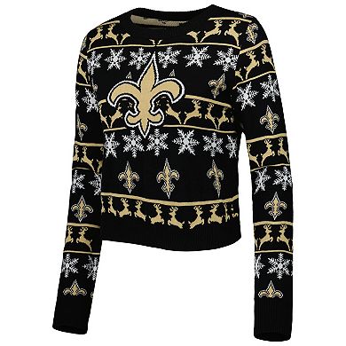 Women's FOCO Black New Orleans Saints Ugly Holiday Cropped Sweater