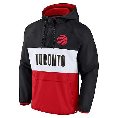 Men's Fanatics Branded Black/Red Toronto Raptors Team Leader Iconic Colorblock Anorak Raglan Quarter-Zip Hoodie