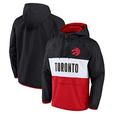 Men's Fanatics Branded Black/Red Toronto Raptors Team Leader Iconic Colorblock Anorak Raglan Quarter-Zip Hoodie