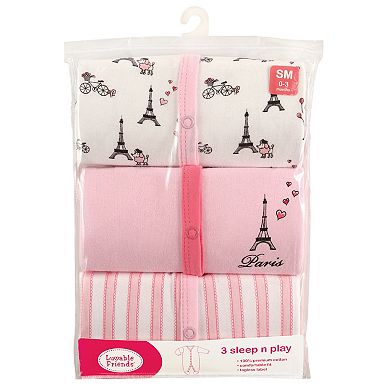 Luvable Friends Baby Girl Cotton Snap Sleep and Play 3pk, Paris