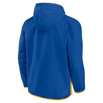 Men's Fanatics Branded Blue/Gold St. Louis Blues Backhand Shooter Defender Anorak Raglan Hoodie Quarter-Zip Jacket