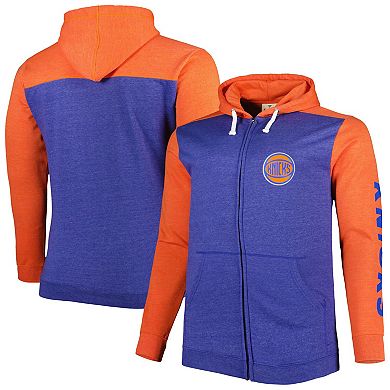 Men's Fanatics Branded Heathered Blue/Heathered Orange New York Knicks Big & Tall Down and Distance Full-Zip Hoodie