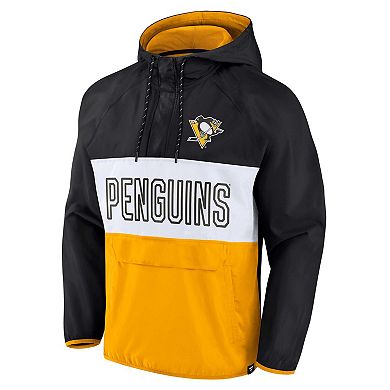 Men's Fanatics Branded Black/Gold Pittsburgh Penguins Backhand Shooter Defender Anorak Raglan Hoodie Quarter-Zip Jacket