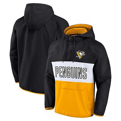 Men's Fanatics Branded Black/Gold Pittsburgh Penguins Backhand Shooter Defender Anorak Raglan Hoodie Quarter-Zip Jacket