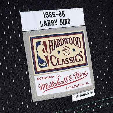 Men's Mitchell & Ness Larry Bird Black/Kelly Green Boston Celtics Hardwood Classics 1985-86 Split Swingman Jersey