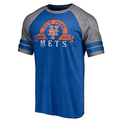 Men's Fanatics Branded Heather Royal New York Mets Utility Two-Stripe Raglan Tri-Blend T-Shirt