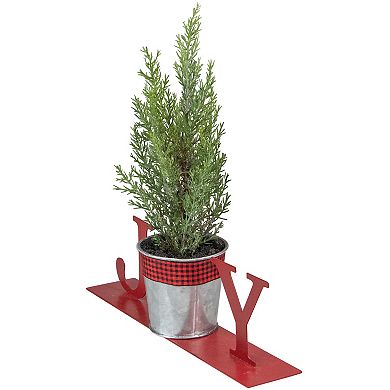 10" Red "JOY" Potted Faux Pine in Metal Planter Christmas Tabletop Plaque