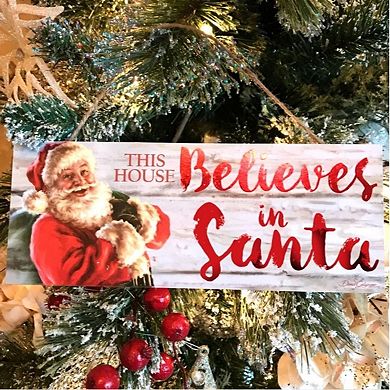 Red and White Santa Printed Rectangular Christmas Wall Sign with Rope Hanger 4" x 10"