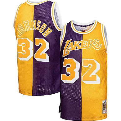 Men's Mitchell & Ness Magic Johnson Purple/Gold Los Angeles Lakers Big & Tall Hardwood Classics 1984-85 Split Swingman Jersey