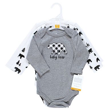 Hudson Baby Infant Boy Cotton Long-Sleeve Bodysuits, Baby Bear Gray Black 3-Pack