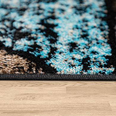 Brown Blue Area Rug for Living Room with Colorful Geometric Pattern