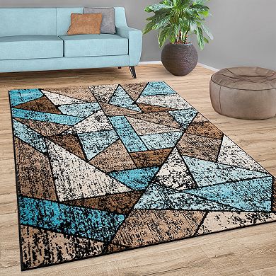 Brown Blue Area Rug for Living Room with Colorful Geometric Pattern