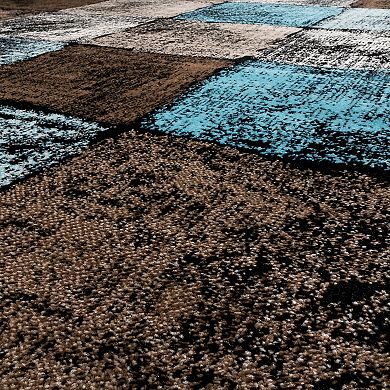 Modern Area Rug For Living Room Checkered In Brown Cream Blue