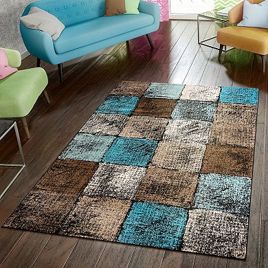 Modern Area Rug For Living Room Checkered In Brown Cream Blue