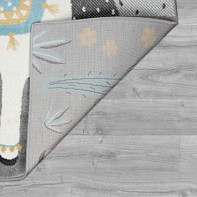 Kid´s Rug for Nursery Mountains and Llama Motif in Grey Blue Cream