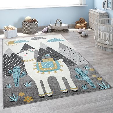 Kid´s Rug for Nursery Mountains and Llama Motif in Grey Blue Cream