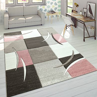 Modern Living Room Rug Checkered in pink white grey