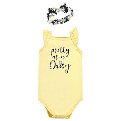 Hudson Baby Infant Girl Sleeveless Bodysuit and Headband Set, Black Daisy