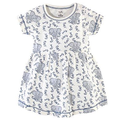 Touched by Nature Baby and Toddler Girl Organic Cotton Short-Sleeve Dresses 2pk, Blue Elephant