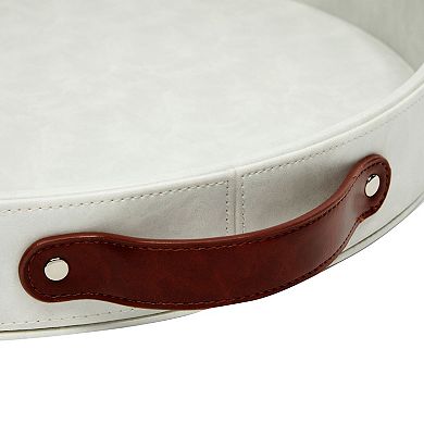 Faux Leather Round Serving Tray with Handles for Coffee Table and Ottoman (Cloudy White, 14.5 x 2 In)