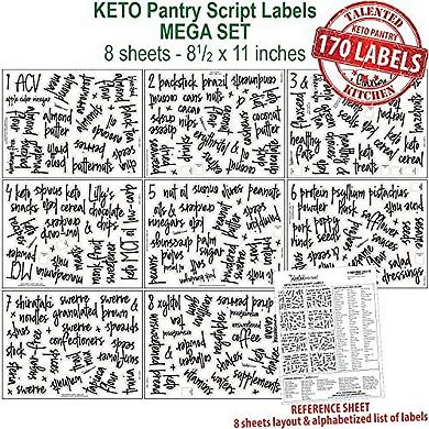 170 Keto Kitchen Pantry Labels for Food Storage Containers, Removable Black Script on Clear Stickers for Organizing Ingredients (Water Resistant)