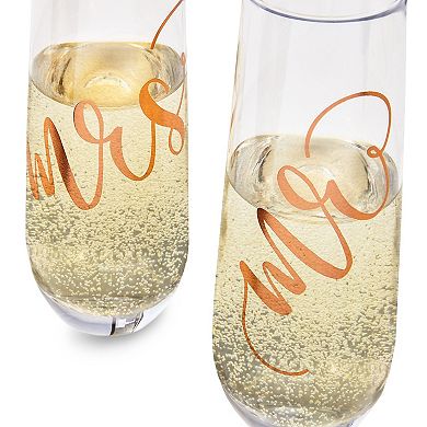 'Mr And Mrs' Champagne Toasting Flutes For Bride And Groom, Stemless, Rose Gold