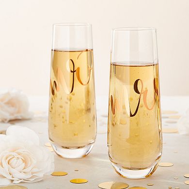 'Mr And Mrs' Champagne Toasting Flutes For Bride And Groom, Stemless, Rose Gold