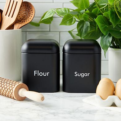 Juvale 2-Piece Black Flour and Sugar Containers for Countertop Storage, Metal Canisters Set for the Kitchen, Stainless Steel Lids (40 oz, 4.5 x 6 In)