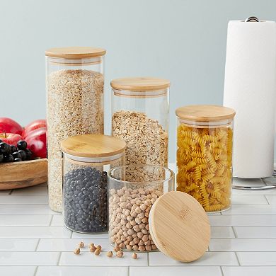 Set Of 5 Glass Storage Containers With Bamboo Lids, Airtight Kitchen Canisters In 5 Sizes