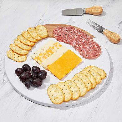 Wood and Marble Serving Tray, Round Cutting Board for Charcuterie (11 Inches)