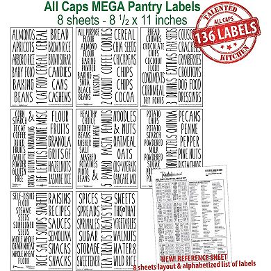 Talented Kitchen 136 All Caps Labels for Pantry Containers, Preprinted Black Print on Clear Food Jar Stickers + Numbers for Kitchen Organization and Storage (Water Resistant)