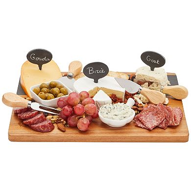 Wooden Cheese Charcuterie Board with Slate Inlay, 4-Piece Knife Set, 3 Signs (14 x 11 In, 9 Pieces)