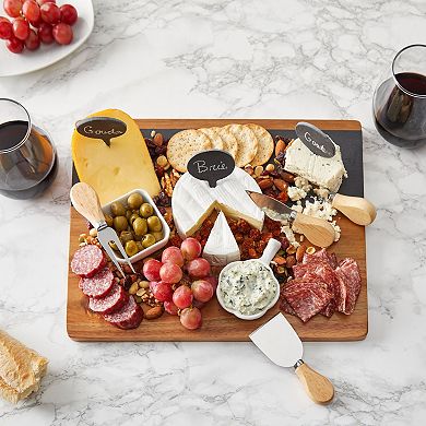Wooden Cheese Charcuterie Board with Slate Inlay, 4-Piece Knife Set, 3 Signs (14 x 11 In, 9 Pieces)
