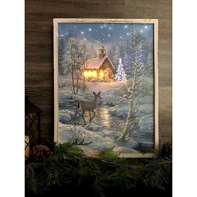 White and Blue "The Chapel" LED Lighted Christmas Framed Rectangular Wall Decor 24" x 18"