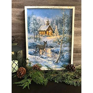 White and Blue "The Chapel" LED Lighted Christmas Framed Rectangular Wall Decor 24" x 18"