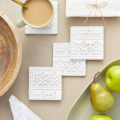 Wood Drink Coasters with Holder for Tabletop Protection in Rustic Farmhouse White Floral Print, Set of 6 Square