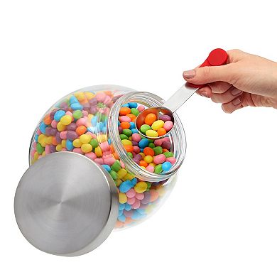 Glass Candy Jar Dispenser with Scoop, Stainless Steel Magnetic Lid for Cookies, Nuts, Dry Goods, Countertop Food Storage (58 oz)