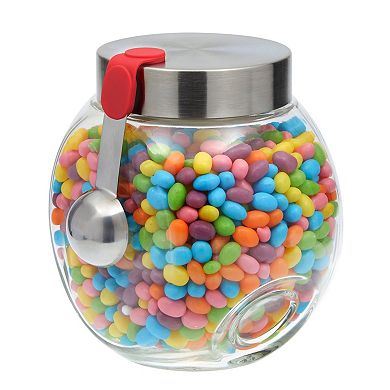 Glass Candy Jar Dispenser with Scoop, Stainless Steel Magnetic Lid for Cookies, Nuts, Dry Goods, Countertop Food Storage (58 oz)