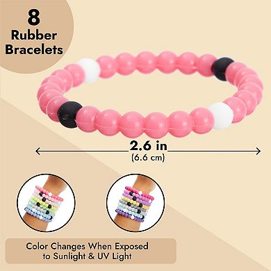 8 Pack Rubber Of Beaded Bracelets For Girls In 6 Assorted Colors, 2.6 X 0.3 In