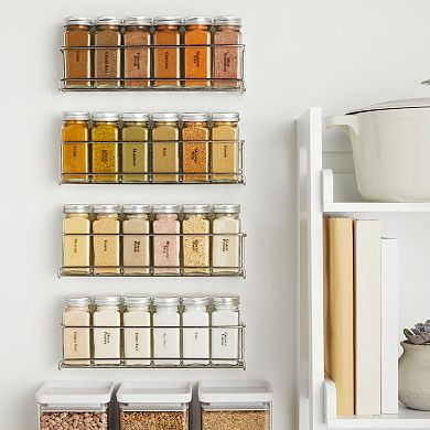 Set of 4 Wall Mounted Spice Racks for Kitchen, 24 Square Glass Herb Jars with Lids, 269 Clear Minimalist Seasoning Labels in 2 Styles