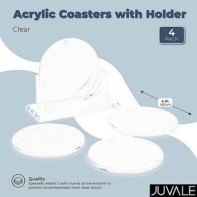 Clear Acrylic Drink Coasters with Stand Holder (4 Inches, 4 Pack)