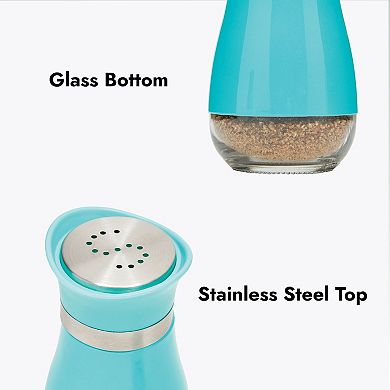 Teal Salt and Pepper Shakers with Glass Bottom, Stainless Steel Refillable (2 Piece Set)