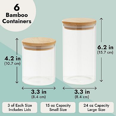Glass Storage Containers with Wooden Lids, 2 Sizes for Pantry Storage (6 Piece Set)