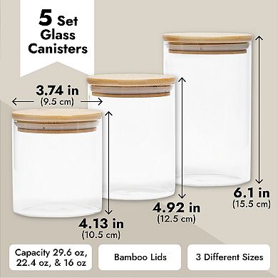5-pack Glass Canisters With Bamboo Lids, 3 Sizes For Pantry Storage