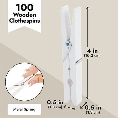 100 Pack Bulk Large White Clothespins For Hanging Laundry, Diy Crafts, 4 In