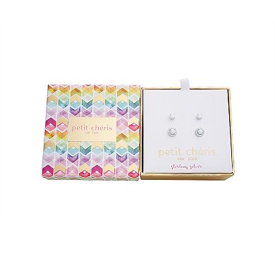petit cheris Kids' Sterling Silver Lab Created White Opal Earring Duo Set with Cubic Zirconia Halo